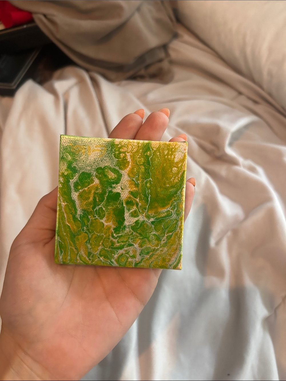 Hand-Painted Mini Canvas — Green and Gold Abstract